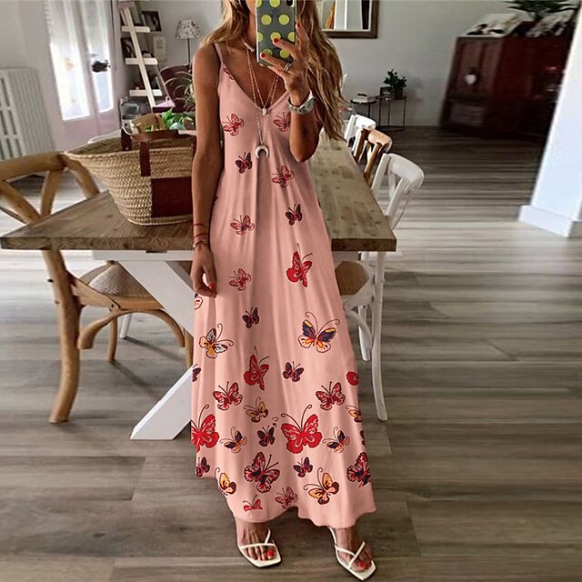 

Women's A Line Dress Maxi long Dress Pink Sleeveless Butterfly Animal Backless Print Spring Summer Spaghetti Strap Elegant Vacation 2022 S M L XL XXL