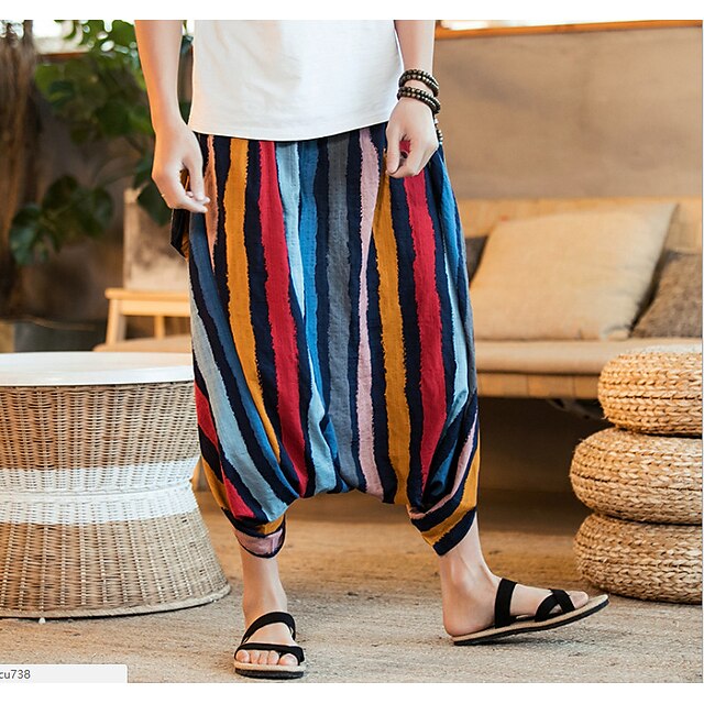 Mens Clothing Mens Bottoms | Mens Retro Vintage Streetwear Harem Baggy Elastic Drawstring Design Print Ankle-Length Pants Casual