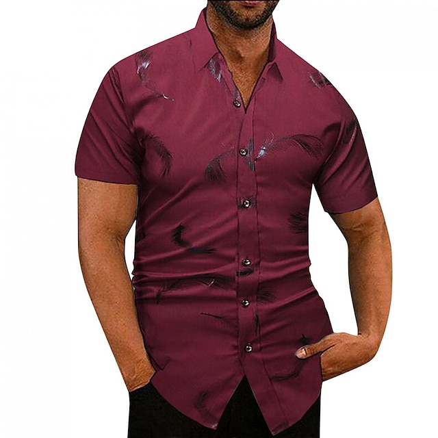 Mens Clothing Mens Shirts | Mens Dress Shirt Print Feather Turndown Street Daily Button-Down Print Short Sleeve Tops Business Cl