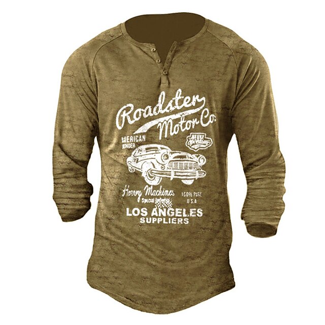 

Men's Henley Shirt Tee T shirt 3D Print Graphic Car Plus Size Henley Casual Daily Button-Down Print Long Sleeve Tops Casual Retro Designer Military Khaki