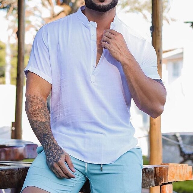 

Men's shirt Solid Color Standing Collar Casual Daily Short Sleeve Tops Lightweight Fashion Big and Tall Sports White