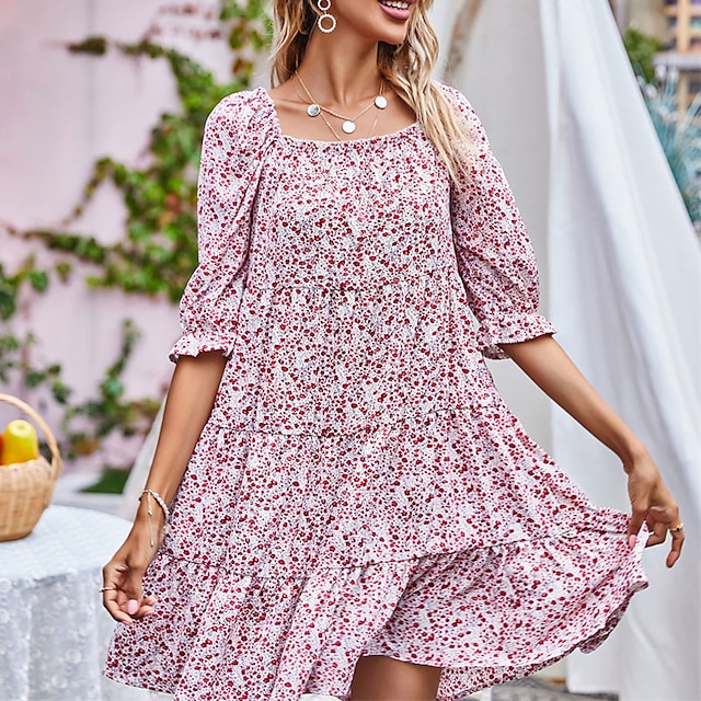 

Women's A Line Dress Short Mini Dress Pink Half Sleeve Floral Ruffle Print Spring Summer Square Neck Stylish Elegant Vacation 2022 S M L XL XXL