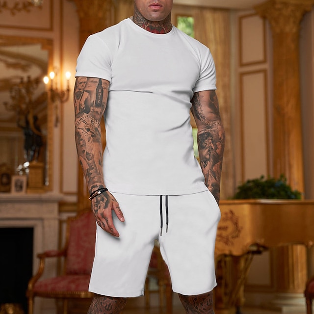  男性用 Tシャツスーツ トラックスーツ テニスシャツ ショーツとTシャツのセット セット 純色 クルーネック アウトドア ストリート 半袖 2個 衣類 スポーツ ファッション デザイナー カジュアル