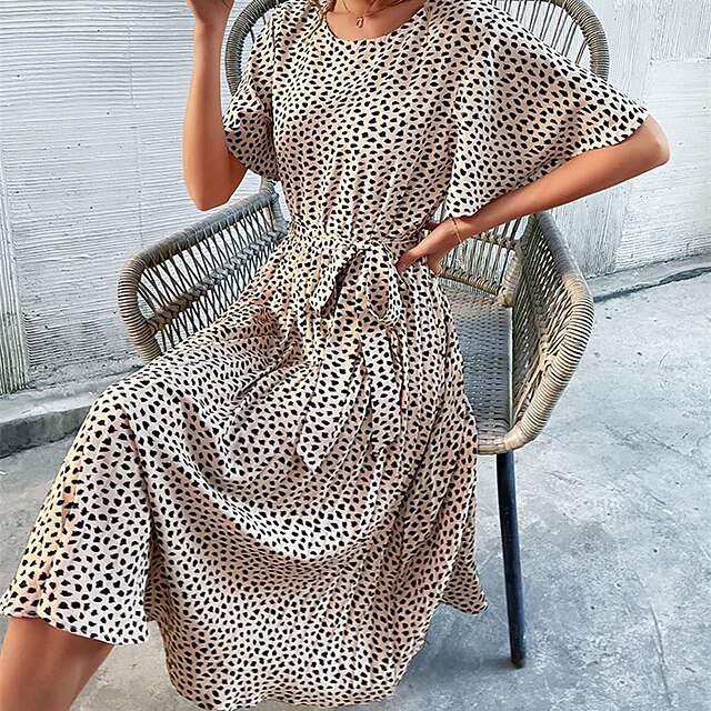

Women's A Line Dress Midi Dress Beige Short Sleeve Leopard Print Spring Summer Round Neck Stylish Casual Vacation 2022 S M L XL
