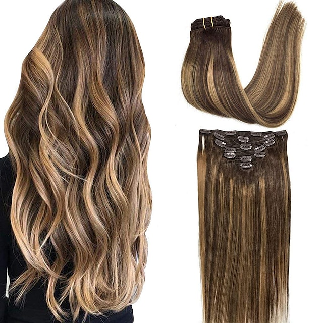 Highlight Clip in Human Hair Extensions Chocolate Brown to Caramel Blonde  Balayage 4/27 Piano Color Hair Extensions Straight Human Hair 7 pcs 120g  9038102 2023 – $