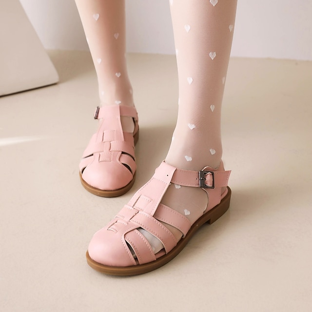 

Women's Lolita Shoes Lolita Buckle Flat Heel Round Toe Preppy Daily PU Leather Buckle Fall Summer Solid Colored White Black Pink