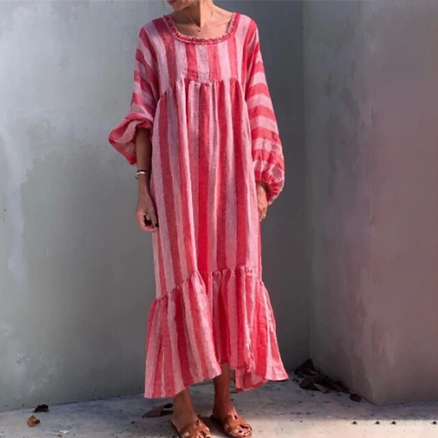 

Women's Sheath Dress Midi Dress Red Long Sleeve Striped Print Fall Summer Round Neck Stylish Casual Boho 2022 S M L XL XXL 3XL 4XL 5XL