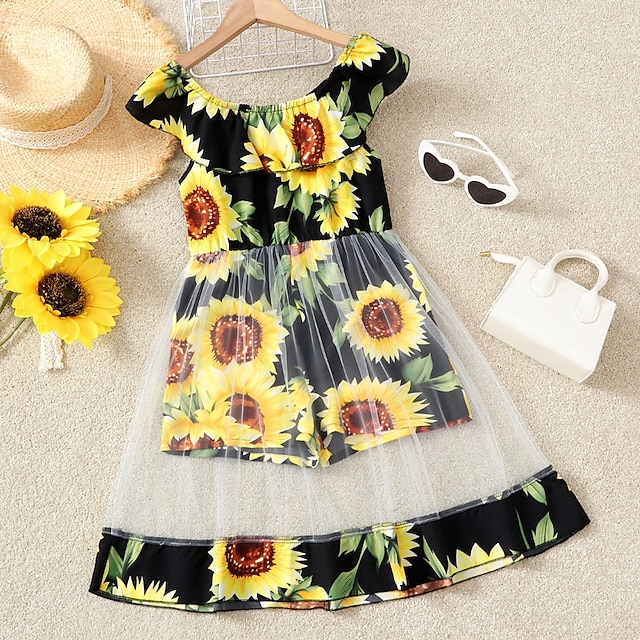 

Kids Little Girls' Dress Floral A Line Dress Daily Ruched Mesh Print Yellow Knee-length Sleeveless Princess Cute Dresses Spring Summer Regular Fit 4-12 Years