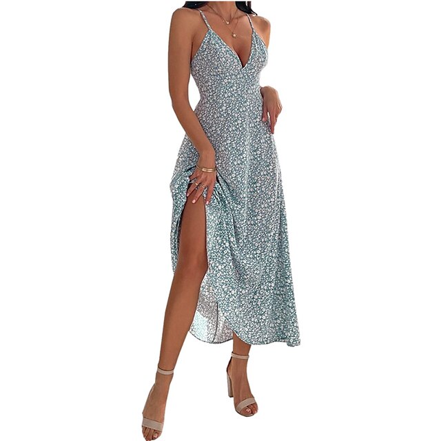 

Women's Strap Dress Maxi long Dress Prom Dress Green Blue Black Sleeveless Floral Print Summer V Neck Elegant Luxurious Party Slim 2022 S M L XL XXL