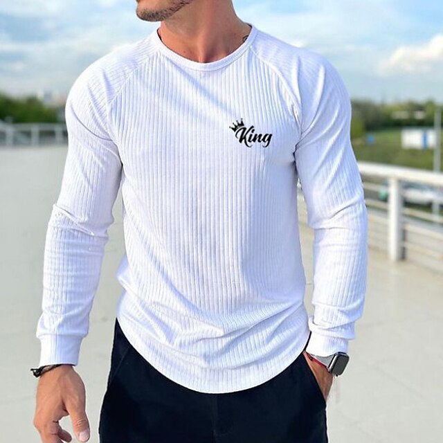 

Men's T shirt Hot Stamping Graphic Letter Crew Neck Casual Daily Print Long Sleeve Tops Lightweight Fashion Big and Tall Sports White