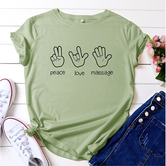 

Women's T shirt Graphic Letter Print Round Neck Basic Tops Green White Black