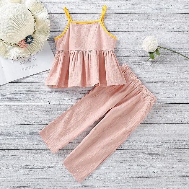

Kids Girls' Tank Pants Clothing Set 2 Pieces Sleeveless Pink Solid Color Ruched Indoor Outdoor Cute Sweet Regular 1-5 Years