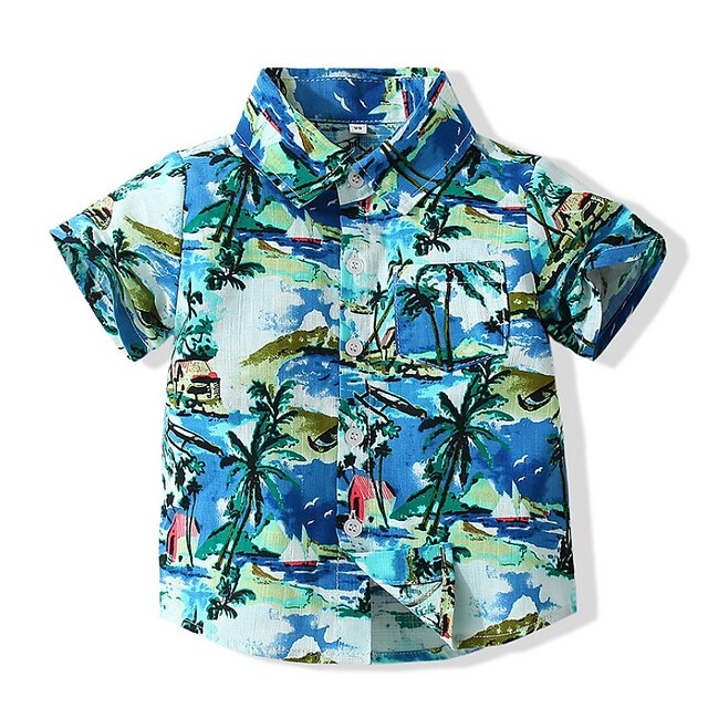 

Kids Boys Shirt Short Sleeve Cartoon Palm Tree Blue Children Tops Spring Summer Active Daily Indoor Outdoor Regular Fit 1-5 Years