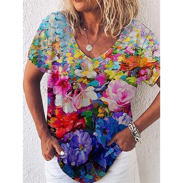 

Women's T shirt Floral Plants V Neck Basic Tops Rainbow / 3D Print