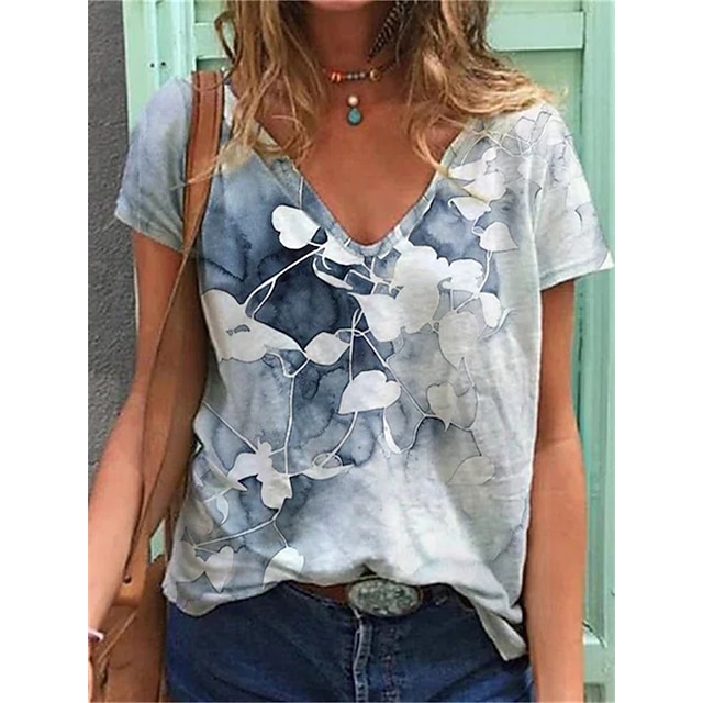 

Women's Floral Theme T shirt Floral V Neck Basic Tops Blue / 3D Print
