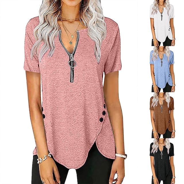  Women‘s Casual Short-Sleeved Top V-Neck Zipper Solid Color Button T-shirt Blouse