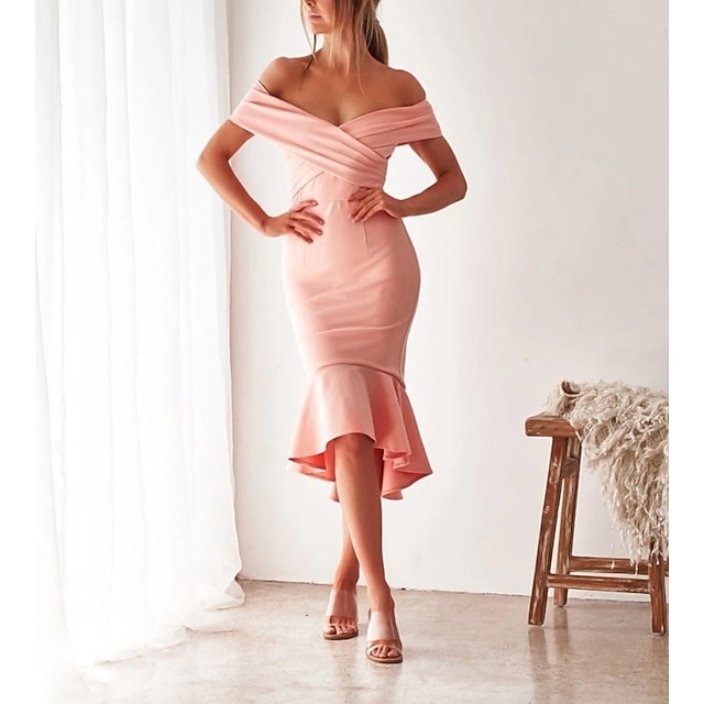 

Women's A Line Dress Knee Length Dress Blue Pink Wine Short Sleeve Pure Color Patchwork Summer Off Shoulder Stylish Work 2022 S M L XL