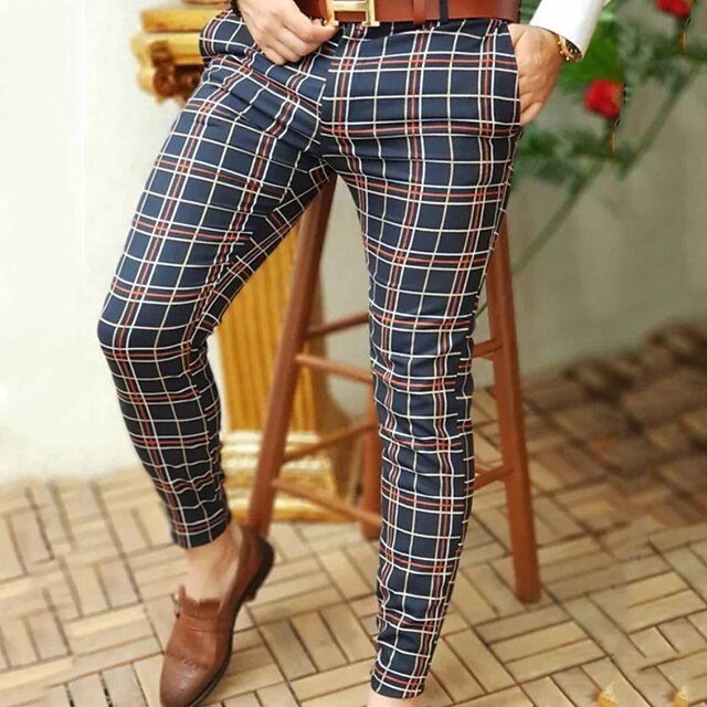 

Men's Fashion Streetwear Skinny Trousers Pocket Pants Casual Daily Micro-elastic Tartan Cotton Blend Comfort Soft Mid Waist Blue M L XL XXL 3XL