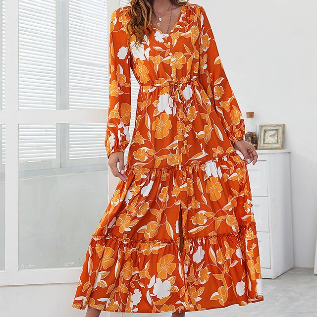 Womens Clothing Womens Dresses | Womens A Line Dress Maxi long Dress Black Orange Long Sleeve Floral Split Print Spring Summer V