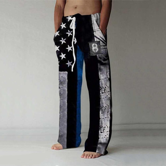  Men's Trousers Summer Pants Baggy Beach Pants Elastic Drawstring Design Front Pocket Straight Leg Graphic Prints National Flag Comfort Soft Casual Daily For Vacation Linen Like Fabric Fashion
