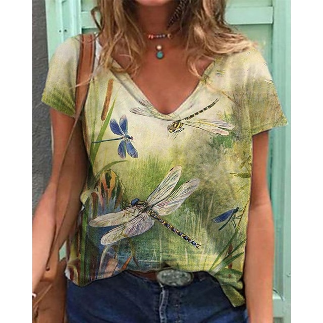 

Women's Painting T shirt Animal Print V Neck Basic Tops Green Blue Purple / 3D Print