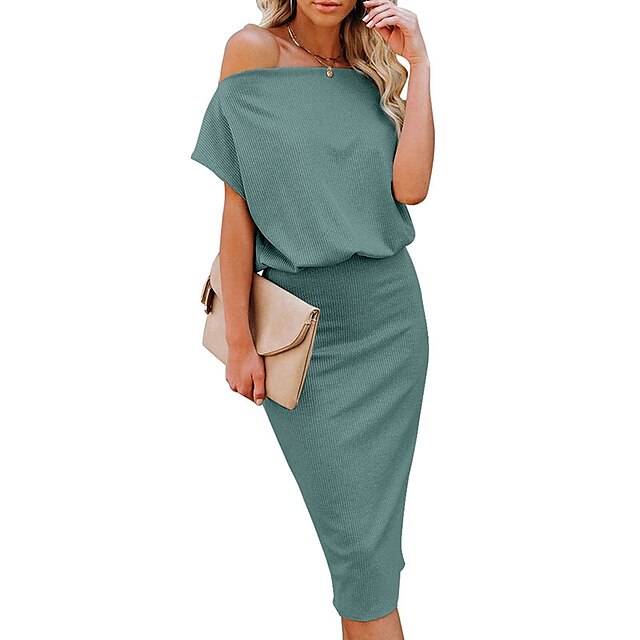 

Women's Bodycon Knee Length Dress Green Blue Black Red Beige Short Sleeve Solid Color Cold Shoulder Fall Summer One Shoulder Off Shoulder Elegant Casual 2022 S M L XL XXL 3XL