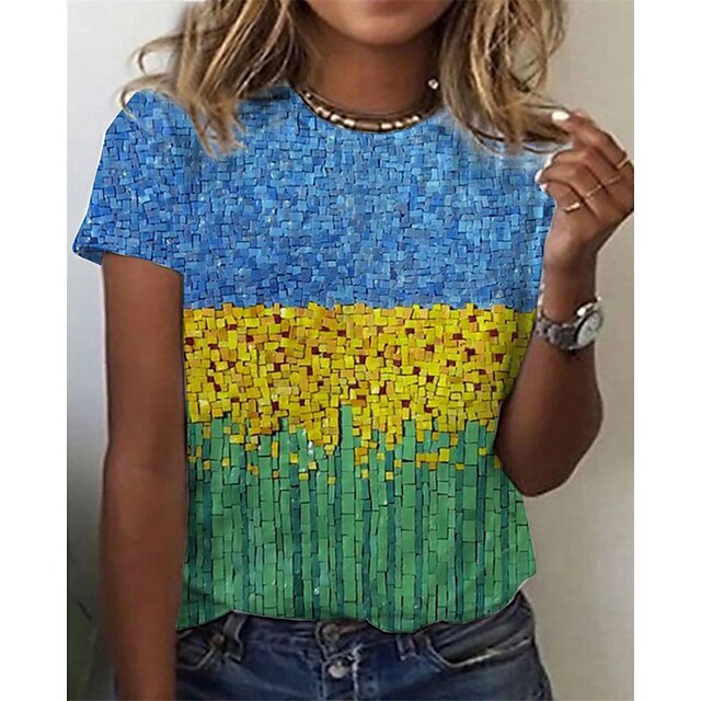 

Women's T shirt Animal Patchwork Print Round Neck Basic Beach Tops Rainbow / 3D Print