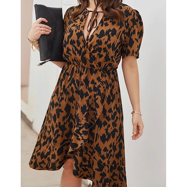 Womens Clothing Plus Size Collection | Womens Plus Size A Line Dress Leopard V Neck Print Short Sleeve Spring Summer Casual Knee