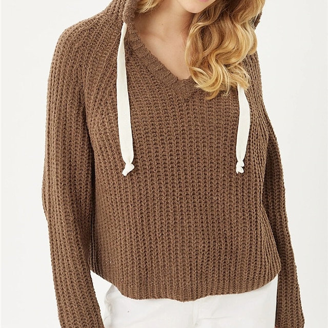 

Women's Sweater Pullover Jumper Knitted Pure Color Stylish Casual Soft Long Sleeve Lantern Sleeve Sweater Cardigans Hooded Spring Summer Black Gray Pink