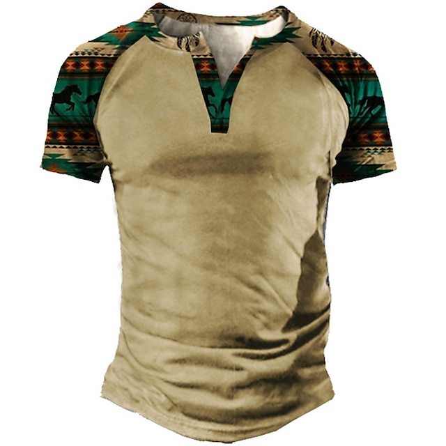 

Men's Henley Shirt Tee T shirt 3D Print Graphic Color Block Henley Casual Daily Button-Down Print Short Sleeve Tops Fashion Vintage Big and Tall Military Style Khaki / Summer
