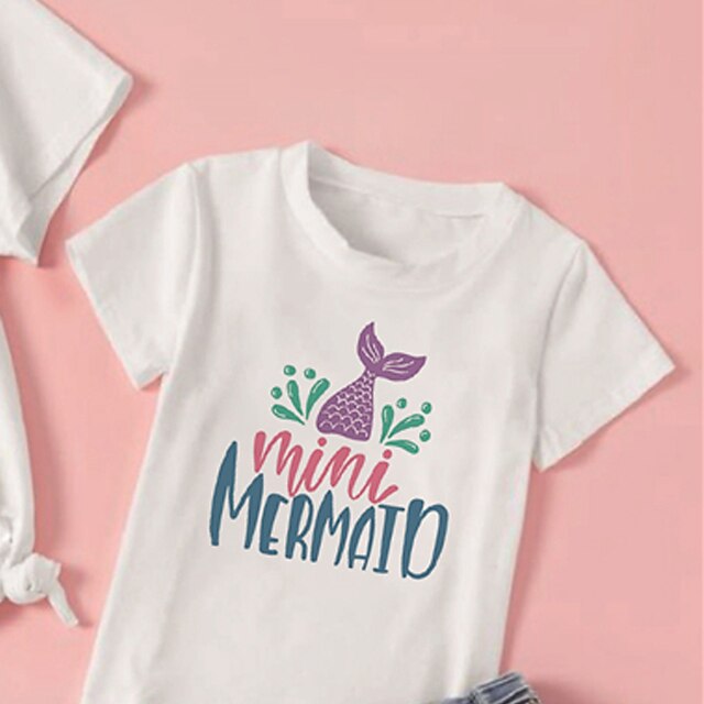 Baby & Kids Matching Outfits | Mommy and Me T shirt Tops Mermaid Letter Street Print White Short Sleeve Active Matching Outfits 