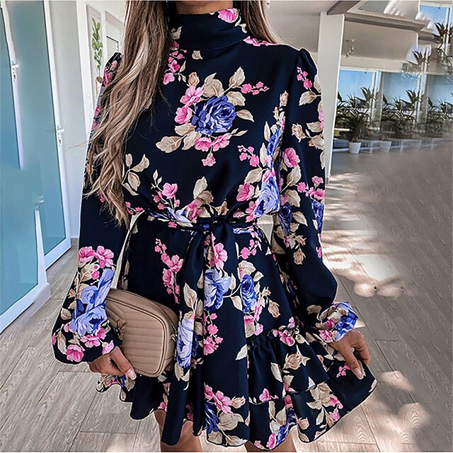

Women's A Line Dress Short Mini Dress Black Long Sleeve Floral Print Spring Summer Turtleneck Stylish Casual Vacation 2022 S M L XL XXL