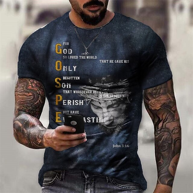 

Men's T shirt 3D Print Graphic Letter Crew Neck Casual Daily Print Short Sleeve Tops Casual Vintage Classic Designer Navy Blue