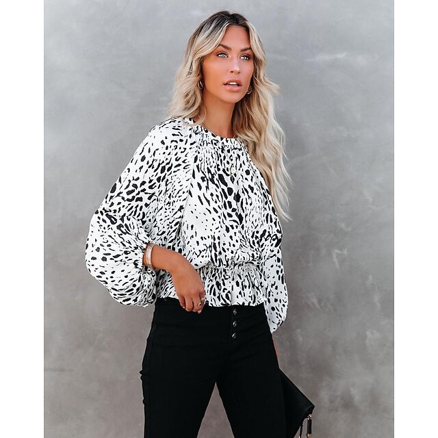 

Women's Blouse Shirt Leopard Print Round Neck Casual Streetwear Tops White / 3D Print