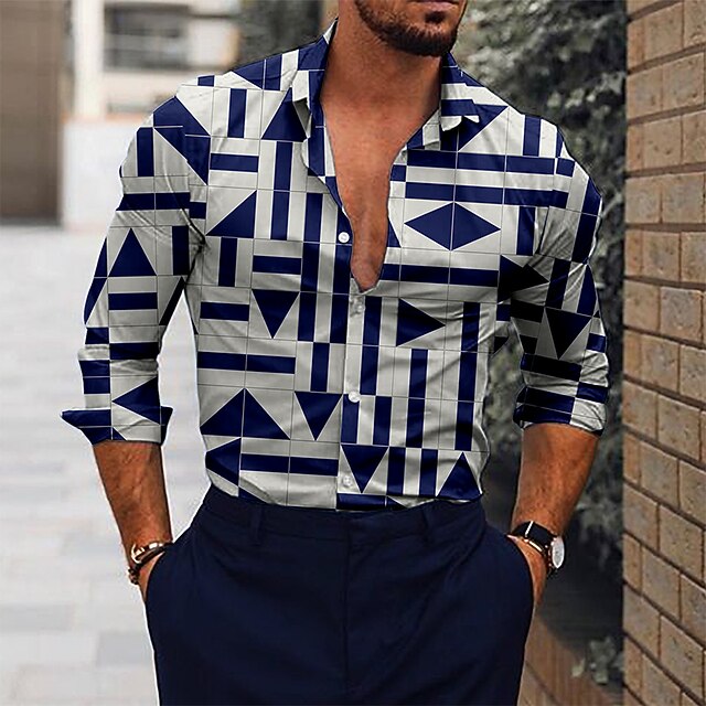 Men's Geometric Pattern Geometry Shirt Button Up Shirt Long Sleeve Fashion Designer Casual Outdoor Casual Holiday Summer Spring Turndown Print Button-Down Navy Blue2