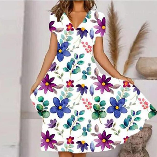 

Women's A Line Dress Knee Length Dress White Short Sleeve Floral Print Spring Summer V Neck Stylish Casual Vacation 2022 S M L XL XXL 3XL
