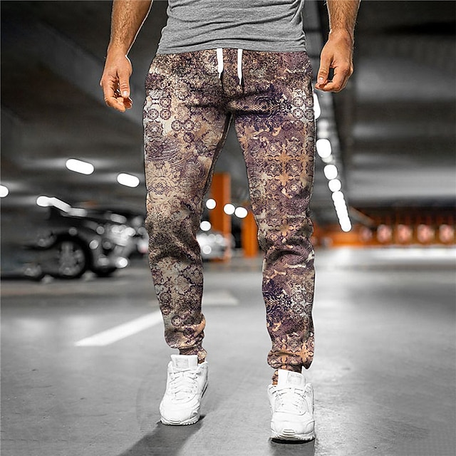 

Men's Designer Casual / Sporty Jogger Sweatpants Trousers 3D Print Elastic Drawstring Design Pants Daily Leisure Sports Micro-elastic Graphic Flower / Floral Breathable Soft Mid Waist Brown S M L XL