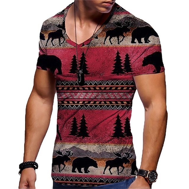 

Men's Unisex T shirt 3D Print Tribal Graphic Prints Tree V Neck Street Daily Print Short Sleeve Tops Casual Designer Big and Tall Western Aztec Red / Summer
