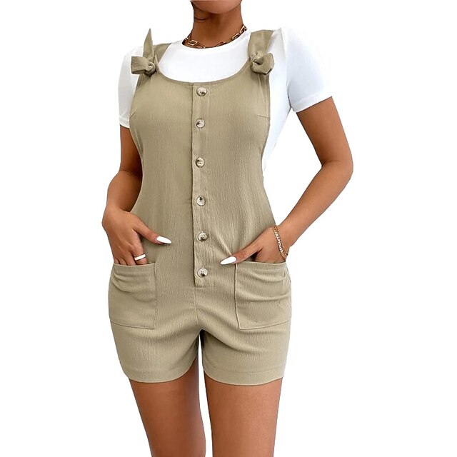 

Women's Romper Button Front Solid Color U Neck Casual Daily Holiday Straight Regular Fit Sleeveless Blue Black Gray S M L Summer