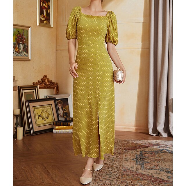 

Women's A Line Dress Maxi long Dress Yellow Short Sleeve Pure Color Chiffon Spring Summer Boat Neck Elegant Luxurious Elegant Prom Dress Cap Sleeve Mesh S M L XL / Party Dress