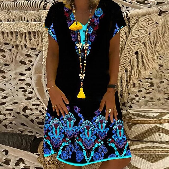 

Women's Shift Dress Knee Length Dress Blue Orange Short Sleeve Floral Print Spring Summer V Neck Stylish Casual 2022 S M L XL