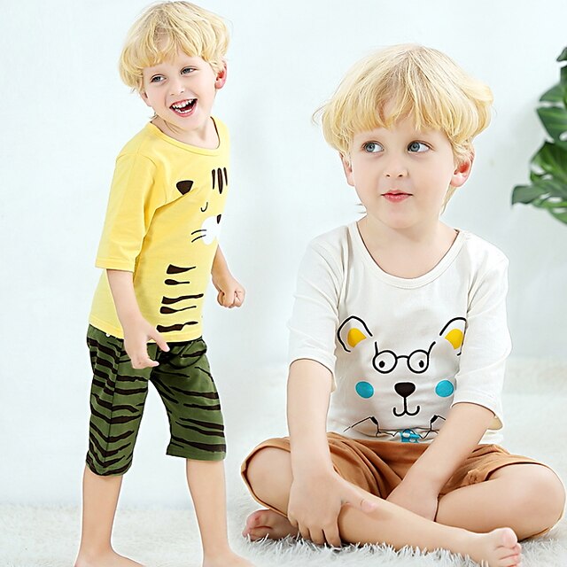 Baby & Kids Boys Clothing | Kids Unisex T-shirt & Shorts Clothing Set 2 Pieces Short Sleeve White Gray Pink Cartoon Print Animal