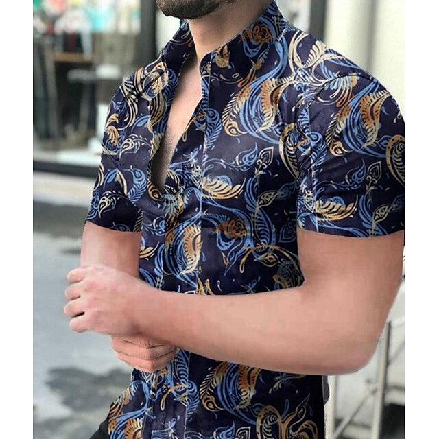 

Men's Shirt Floral Classic Collar Casual Print Short Sleeve Tops Comfortable Blue White