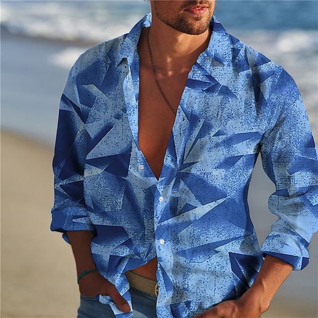 

Men's Shirt 3D Print Geometry V Neck Casual Daily 3D Print Long Sleeve Tops Casual Fashion Designer Comfortable Blue