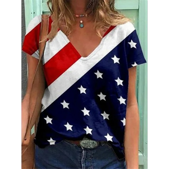

Women's T shirt Flag Patchwork Print V Neck Basic Tops Rainbow / 3D Print