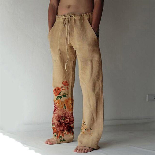 

Men's Fashion Designer Straight Trousers Beach Pants 3D Print Elastic Drawstring Design Front Pocket Pants Casual Daily Graphic Prints Flower / Floral Comfort Soft Mid Waist Khaki S M L XL XXL