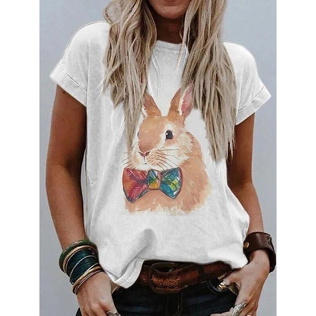 

Women's Happy Easter Painting T shirt Rabbit Animal Print Round Neck Basic Tops White