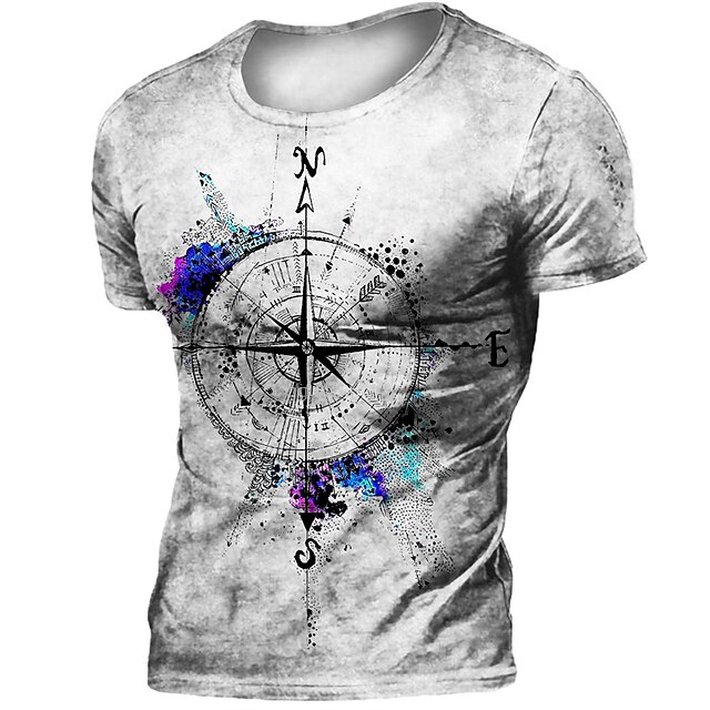 

Men's T shirt 3D Print Graphic Compass Crew Neck Casual Daily Print Short Sleeve Tops Fashion Vintage Designer Big and Tall Light gray