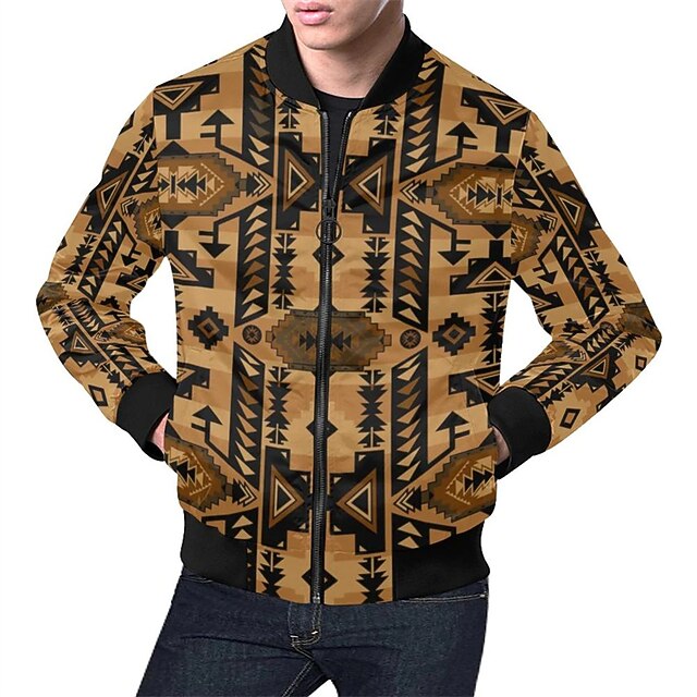 

Men's Jacket Street Daily Going out Fall Spring Regular Coat Regular Fit Breathable Sporty Casual Streetwear Jacket Long Sleeve 3D Print Geometric Pocket Print Orange