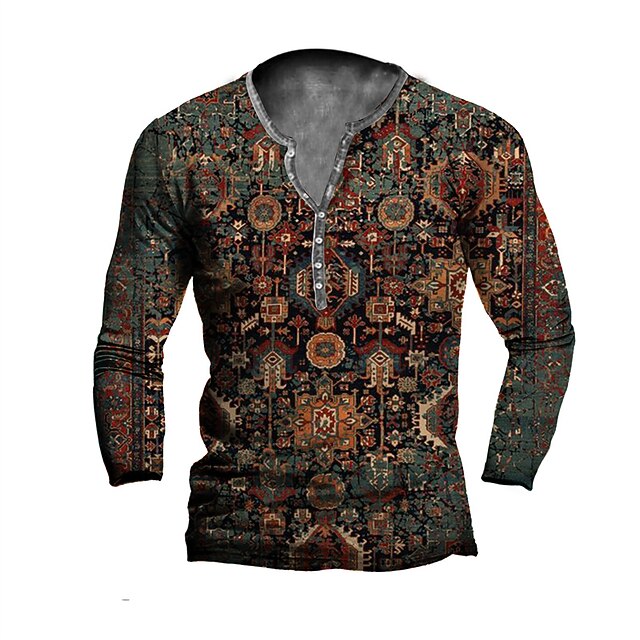 

Men's Henley Shirt T shirt 3D Print Graphic Tribal Henley Casual Daily Button-Down Print Long Sleeve Tops Casual Vintage Classic Designer Gray Orange Red